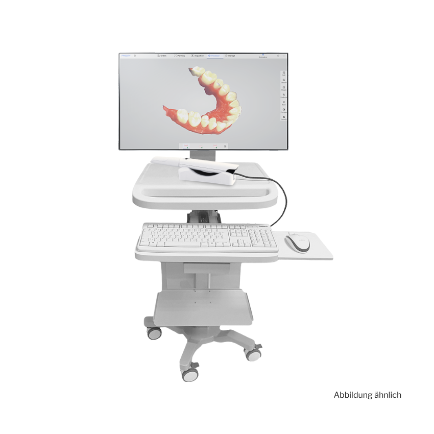 Panda Scanner Smart mit PC mit Bildschirm, Zubehör, Gerätecart. schnelles 3D Scannen; präzises 3D-Modell des Mundinnenraums der Patienten. geeignet für Aligner-Behandlungen; Einfache, intuitive Software, Größe 221x27x25mm, Gewicht 138g, Breite des Scanfelds: 18x16mm, Scantiefe: 0-20mm, 6 auswechselbare, autoklavierbare Aufsätze, Scan-Dauer 1 Minute, Scantechnologie: Strukturiertes Licht + KI-basierte Software, Präzision des Scans, Genauigkeit, Ausgabeformate: STL , PLY , USB 3.0-Anschluss, Plug and Play