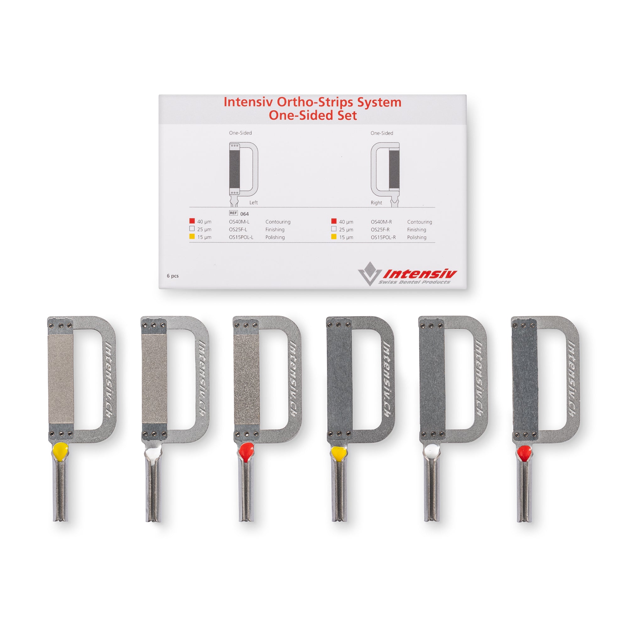 Intensiv One Sided Ortho-Strips. Set aus 6 Ortho-Strips. Konturieren, Finieren, Polieren im Rahmen der approximalen Schmelzreduktion ASR; Passende Aufsätze für das Winkelstück Intensiv Swingle. Einseitig diamantiert; Jeweils 1x linksseitig diamantiert in den Körnungen 40/25/15µm; Jeweils 1x rechtsseitig diamantiert in den Körnungen 40/25/15µm; Sterilisierbar