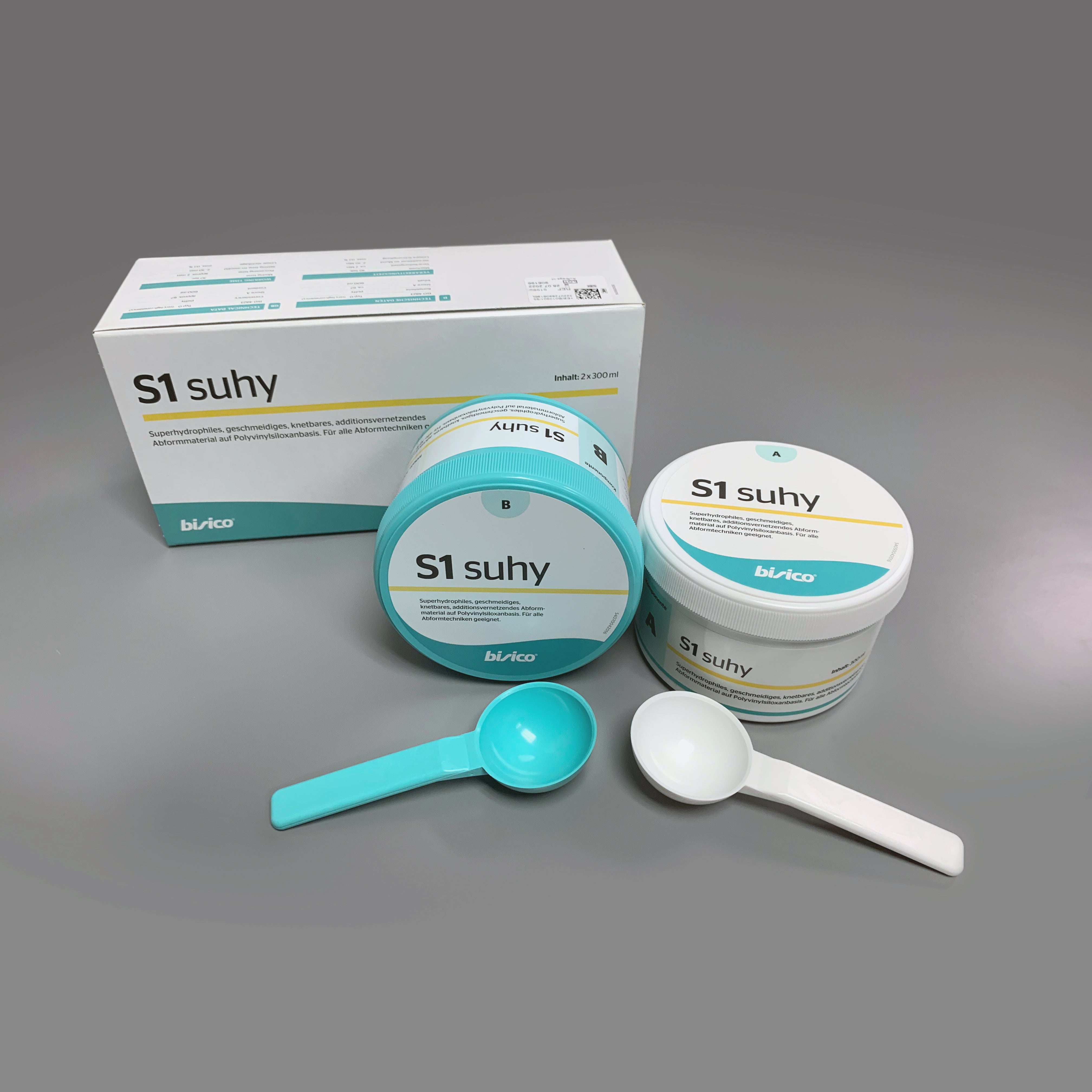 Knetbares Silikonabformmaterial Bisico. 2 Dosen (A+B) à 300ml, 2 Dosierlöffel. Erstellung qualitativ hochwertiger Abformungen. Starke Hydrophilie; Konsistenz: Knetbar /Softputty; Endhärte 67 shore A; Verarbeitungszeit (inkl. Mischzeit) ca. 2:00 Minuten; Aushärtezeit im Mund: unter 3 Minuten